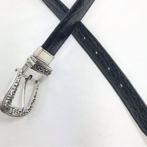 Brighton Black Brown Reptile Embossed Silver Scroll Hardware Reversible Belt - Picture 13 of 16